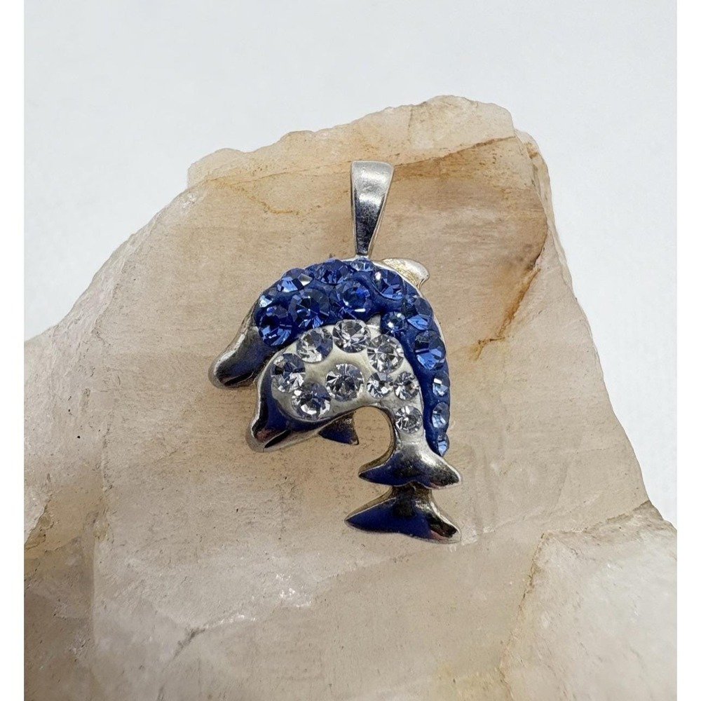Vintage Sterling Silver Dolphin Crystal‎ Pendant 925 Blue White Rhinestone Ocean
